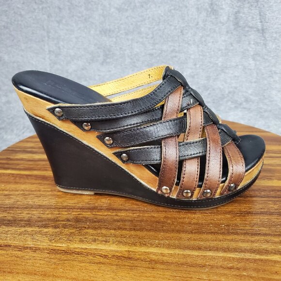 BED|STU Shoes - Bed Stu Sandals Women's 7 Brown Black Leather Gina Wedge Straps Slip On Platform